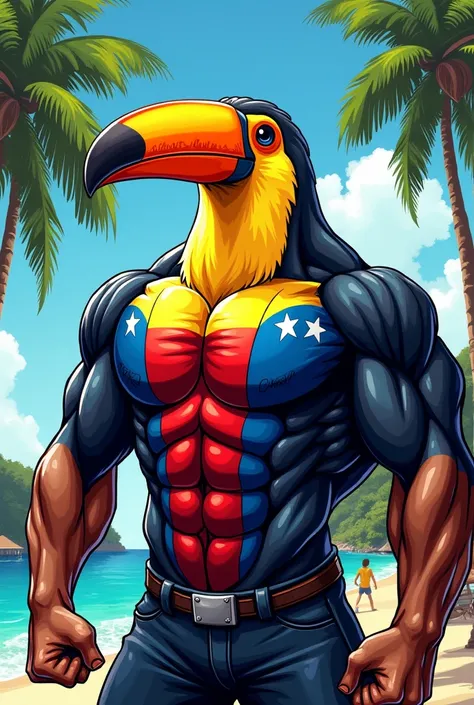 Drawing-like illustration of a muscular athletic toucan with the Venezuelan flag on its chest that says: IBIZA ISLAND 