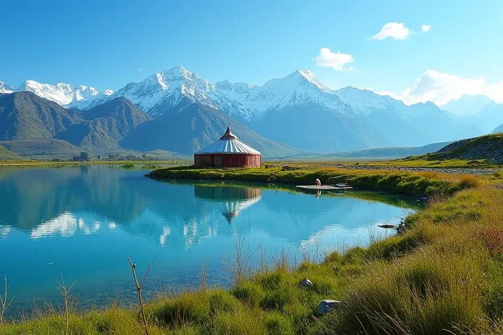  Create a picturesque image ,  which conveys the natural grandeur and cultural richness of Kyrgyzstan.

 Crystals in the foreground the clean Issyk-Kul Lake ,  reflecting the surrounding snow-capped peaks of the Tien Shan Mountains .
 In the middle ground,...