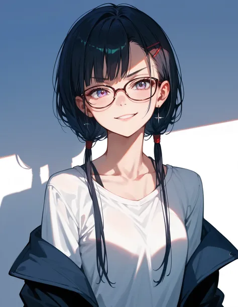 (Masterpiece), (best quality), (high quality), anime, school class, 1girl, young, dramatic, evil smirk, high quality eyes, small glasses, detailed, best quality shadows, highest resolution, 4k