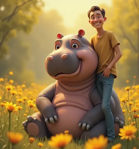 A calm and happy man 45 years short hair standing, next to a sitting baby hippopotamus that is happy, with a cheerful background, that it is seen from afar and that it is yellow daisy garden with a much more beautiful background, realistic


