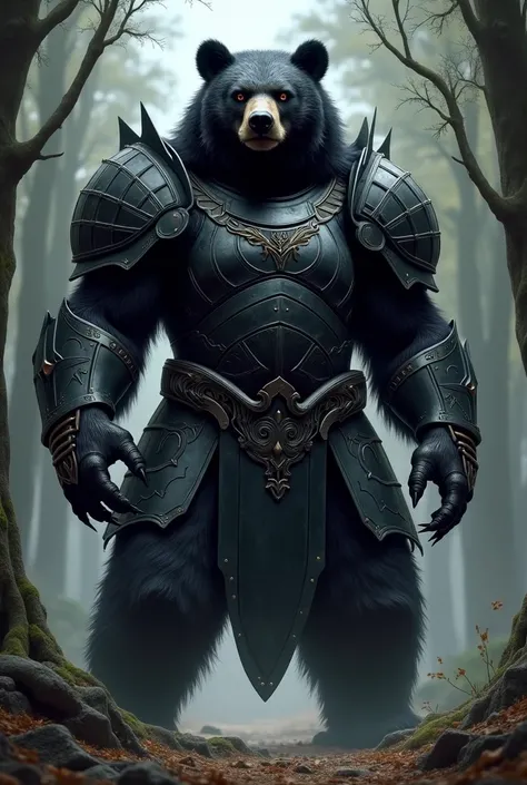 A black bear is wearing heavy black armor