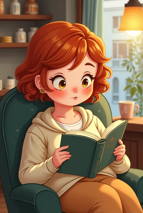 Illustration stickers of a fat white woman with short curly red hair with honey eyes reading in a coffee shop 