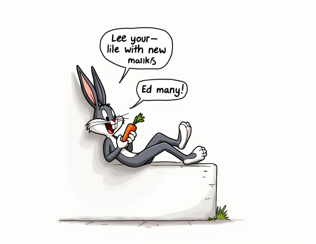 Bugs Bunny lying on a white wall saying that there is a new old man while eating a carrot being alone in a background with nothing or anyone