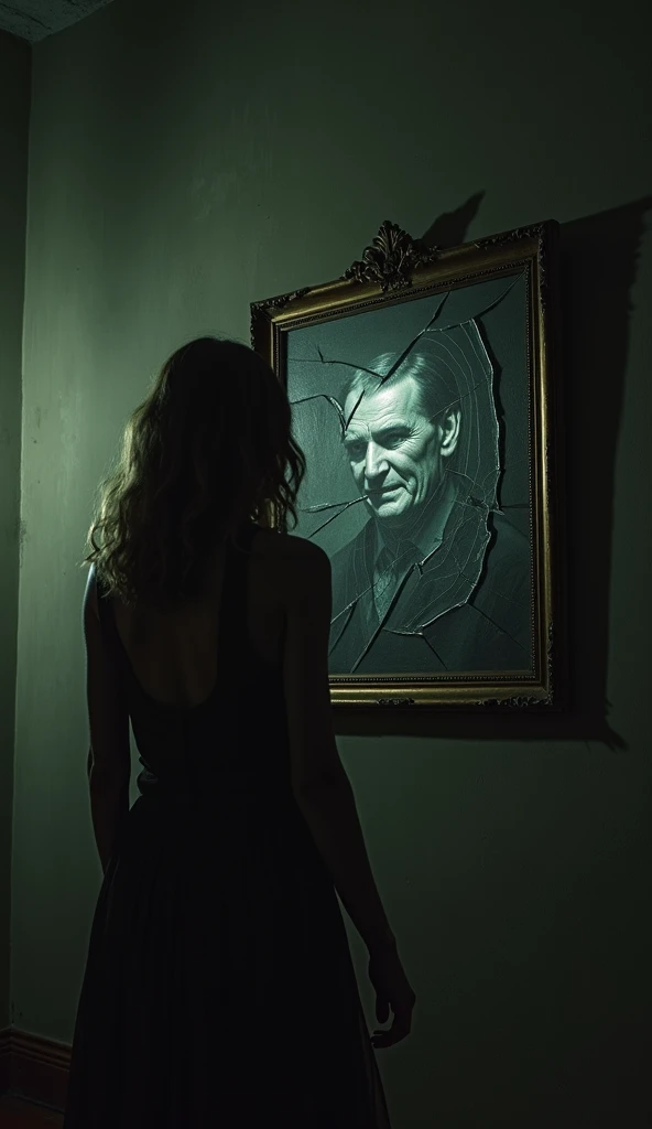 "An eerie scene of a woman standing in front of a vintage portrait in a dark room, with the figure of a man in the picture suddenly looking serious and troubled. As she approaches the portrait, the frame falls from the wall, and in the shattered glass, a p...