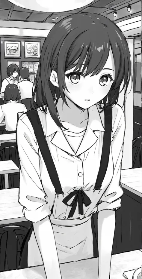 manga style black and white ,  a girl stops in the middle of the restaurant