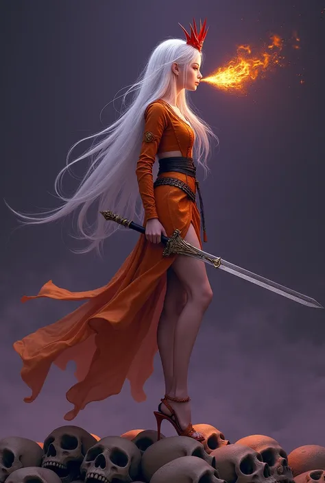 A fantasy digital artwork of a white long-haired female , slender warrior with a unique red crown, very faithful and looking fragile, she wears open heels with orange armor,  spitting fire out of his mouth,  holding a sword , Standing in profile stepping o...