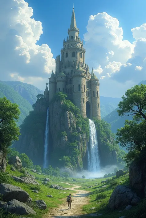 masterpiece,((( Best Quality ))),single build,architecture,blue_sky,building,cloudy_sky,is,Fantasy,about,field,home,build,architecture,landscape,moss, outdoor,lush,path,Rio,road,Stone,landscape,sky,sword,[tower], tree ,waterfall