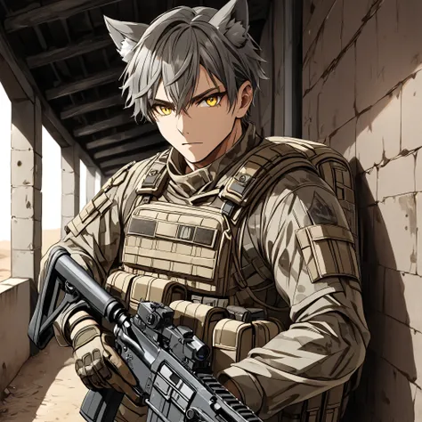 male Soldier, Man, Gray hair, ((Wolf ears)), yellow eyes, Dirty, Desert coloured military outfit, Military backpack, Holding an M4 Assualt Rifle, leaning against a wall in an alleyway in a desert tow