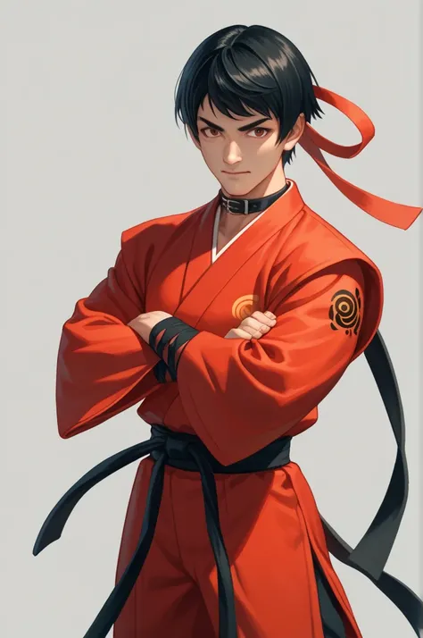 A 21-year-old man ,  short black hair with a red band on his head,  red kung fu practitioners clothing with black straps on the edges of the sleeves and collar, At the waist its characteristic ribbon of the practitioners  1 hombre, Kung-fu practitioner ,  ...