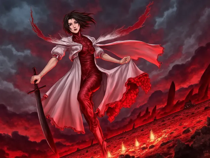 A crimson tide engulfs the battlefield as Unohana Yachiru, the stern captain of the Fourth Division, unleashes the terrifying power of her Bankai, Minazuki. Her once pristine white shihakushō is now stained with the crimson hue of spilled blood, a stark co...