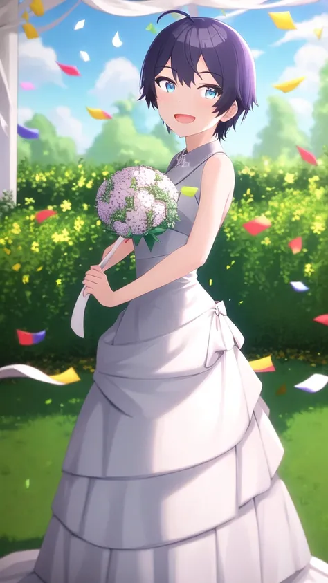 masterpiece, best quality, high quality, girl, solo, looking at viewer, sueharu_maru, wedding dress, standing, garden, confetti, holding bouquet, smile, open mouth,