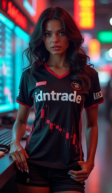 Make me a picture of a very sexy woman wearing a Trading jersey that says IDNTRADE and a Trading background.