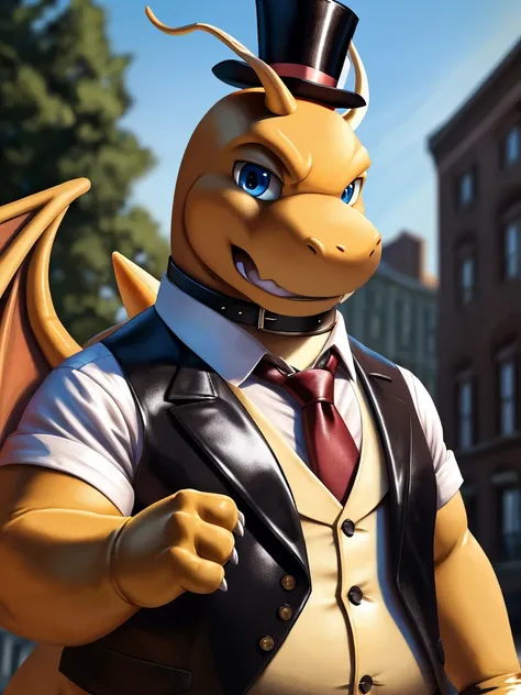 Solo, close up, Male, fat, extremely obese, gentleman, dapper Professor Dragonite, blue eyes, wearing a top hat, wearing a glossy leather collar, wearing the leather collar and necktie at the same time, giant penis, giant tedticles, massive orgasm, sperm e...