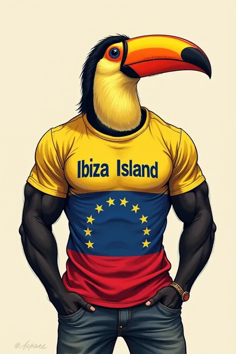 Drawing-like illustration of a muscular toucan ,  wearing a Venezuelan flag t-shirt and on the t-shirt that says: IBIZA ISLAND 