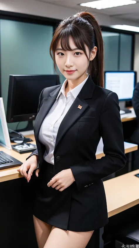 Best Quality, High Quality,Ultra Quality, 8k portrait ,Japanese woman,30 years old,new employee ,large breasts ,side poneyTail,black Business womens suit skirt,full body,In the office