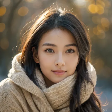 A hyper-realistic image of a single Japanese woman in her early 20s, captured with the nostalgic warmth and graininess of a film camera. She is dressed in a stylish winter outfit, including a long textured coat and a cozy knit scarf, perfect for a chilly D...