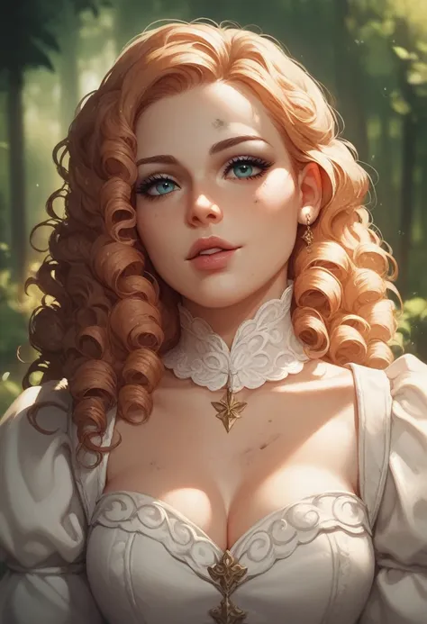 medieval dark fantasy a beautiful young  girl, beautiful curly hair, innocent look and face, wearing a worn simple white dress, a little dirty, in a dark forest