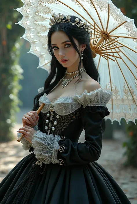  breathtaking gothic queen ,  big blue eyes , big eyelashes ,  long black hair ,  rococo style dress color black with white pearls , with very elaborate white lace , with white lace umbrella and pearls ,luxurious pearl jewelry , background a garden with tr...