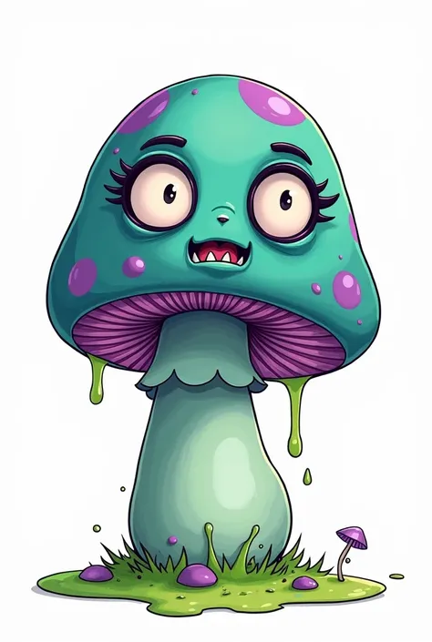  Create Cartoon drawing of a mushroom with big eyes with eyelashes, nose , boca, arms and legs, teal and purple , with toxic liquid dripping from it , on white background, with a bad face