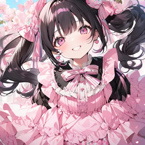   1 girl , black hair,  twin tails,  pink eyes,  smiles,  gradation eyes , ribbon, 、Heart Earrings　pink black dress　 mass production type