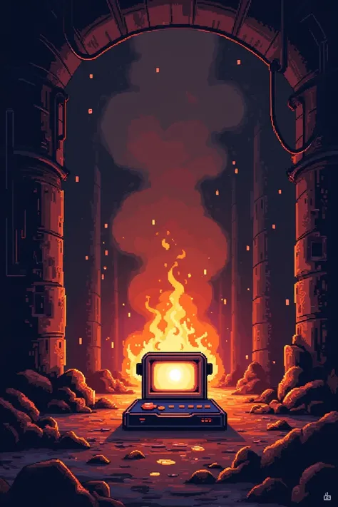 Create an image with an 8-bit console in a burning post-apocalyptic underground world 