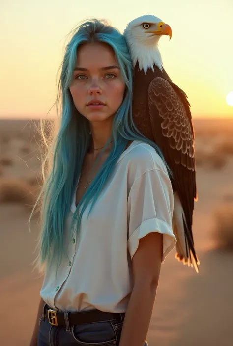 a young woman,  20 years old , North American, Hair in the color blue ,  smooth and long,  green eyes,  light skin,  she is wearing a white short-sleeved shirt, Short marrom,  black boots ,  your hair is tied ,  she is in the middle of the desert ,  on her...