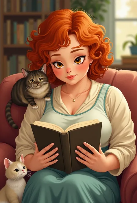 Illustration of fat white woman with short curly red hair with honey eyes reading with a three-colored cat and a Siamese cat 
