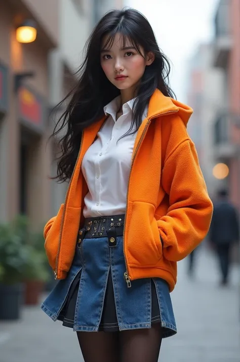  Girl with black hair , white shirt ,orange fleece jacket , blue mini skirt with strap,medias negras, black shoes