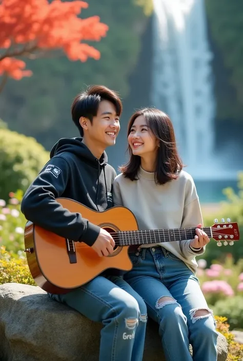 young Korean couple, facing towards the camera and smiling wearing a white shirt, black and black gradient hoodie jacket, jeans with Orshida written on it he is smiling and sitting on a giant rock, while the man is playing guitar and the background is a co...