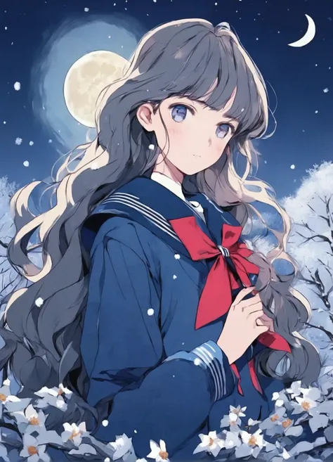  best quality, expensive_resolution,  clear_image,  detailed background , girl, flower,garden,moon,masterpiece),  best quality, hair,  girl, Colorful Sailor Suit，cute ****, beautiful, snow, ❄️, winter,