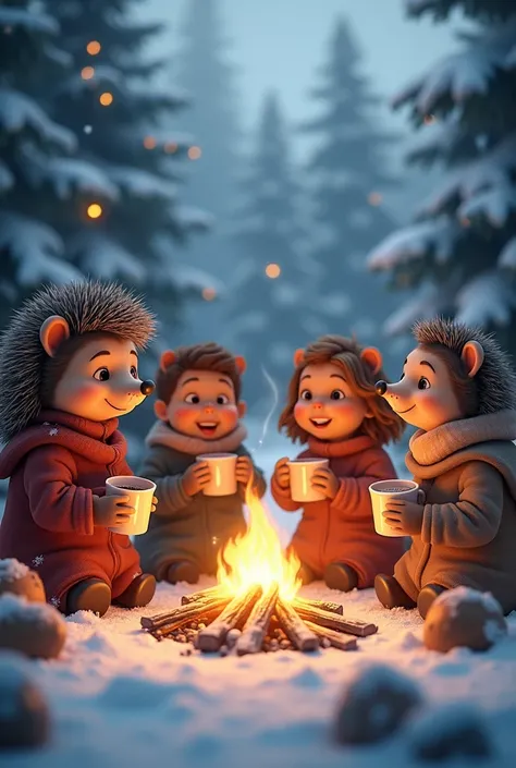 Prompt: A group of friends, including a hedgehog, playing in a snowy forest. A cozy scene with a warm fire and hot cocoa.


Show drafts
