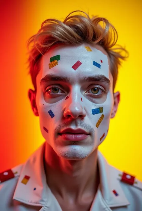 close shot of teh face, fish eye lens distortion 12mm. god light. a photograph of a man with vitiligo wearing white outfit with playful lego pattern, studio setting. yellow red gradient background