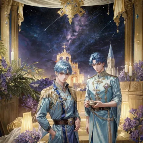 The Reincarnation of Constantine the Great 。 anime character。Elegant men, 20th Generation,  mature man,Metallic blue hair。, Short straight hair,  neck-length hair , Golden Eyes, Tall。Pompidou々。Blue tunic, purple toga with intricate gold thread embroidery o...