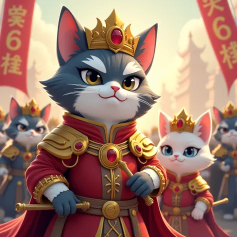 A cute “grey and white” cat (with a strong expression on his eyes) stood in front, wearing a golden red kings headgear and costume, holding a scepter in his hand. Standing behind him was a cute off-white female cat (bright eyes), wearing a red queen headdr...