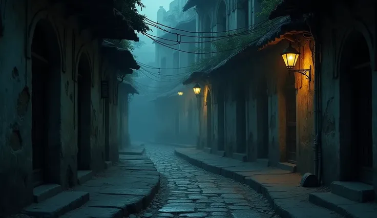 Prompt:
"A narrow, winding street in Old Delhi at night, dimly lit by flickering street lamps. The buildings are old and weathered, with small windows and crumbling facades. Shadows stretch unnaturally along the cobbled pathway, and a faint mist fills the ...