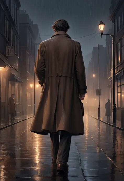 Man wearing a brown overcoat on his back , walking on a sidewalk on a deserted street ,  with only poles burning on a dark night and with a heavy rain pouring down on the city,  with a slightly greyish climate giving a bit of a feeling of sadness and lonel...