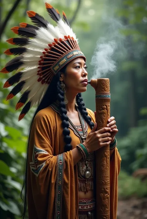 Indigenous woman with headdress,  smoking an indigenous pipe 