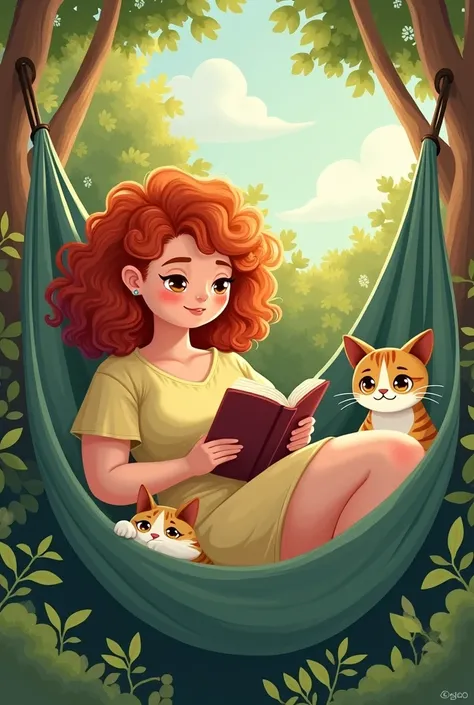 Illustration of fat white woman with short curly red hair with honey eyes reading in a hammock with a three-colored cat and a Siamese cat 
