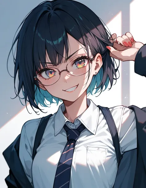 (Masterpiece), (best quality), (high quality), anime, school class, 1girl, young, evil smirk, high quality eyes, small glasses, best quality shadows, highest resolution, 4k