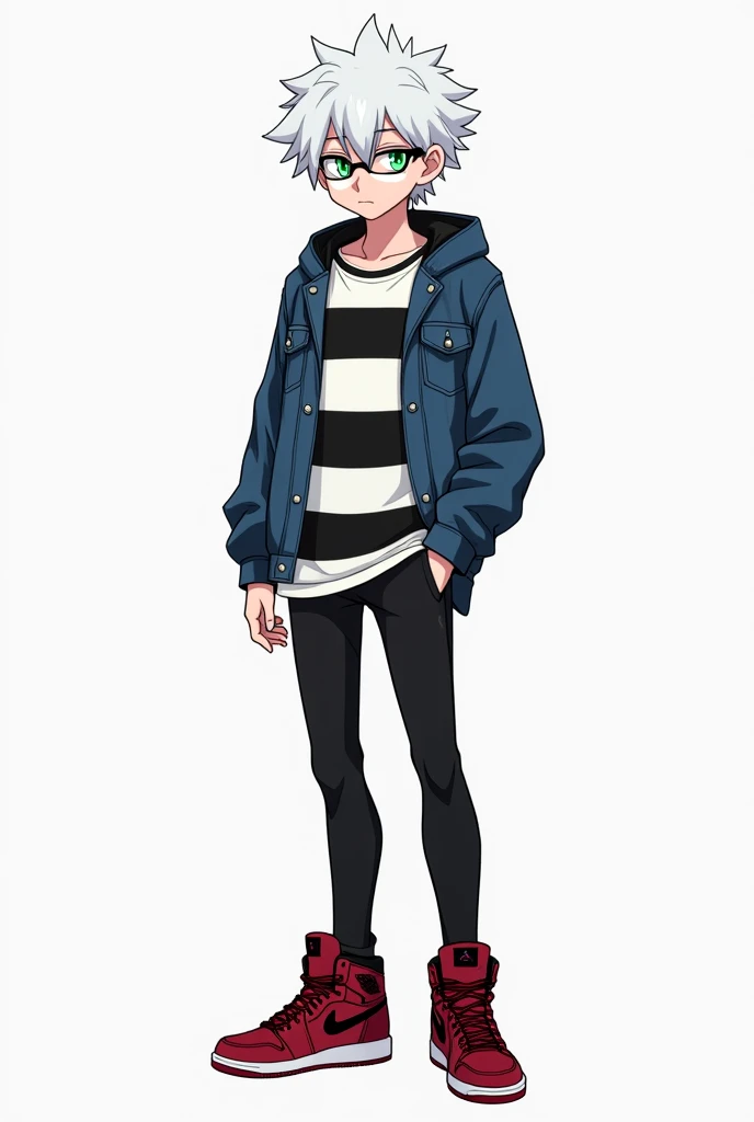 White haired anime boy, of approximately 19 years old , with one left eye green and the right eye blue and with black glasses, with black skinny pants ,  some Jordan shoes red with black ,and a long sleeve with horizontal black and white stripes, but it ha...