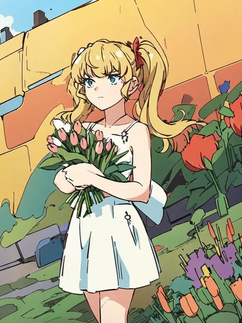 oil, (daikuuji ayu), (bouquet), ( tulips), background,  blue sky, Baiyun, Green grassland,  girl, Alone, White Dress, bangs, blonde hair, blue eyes, hair bow, hair ribbon, long hair, twintails bow, twintails, two side up