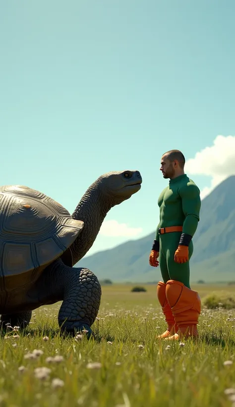 Realistic depiction of a Chelonoidis niger (Galápagos giant tortoise) and Might Guy from facing each other in side profile. The tortoise, massive and ancient, stands with its neck extended and shell gleaming under soft sunlight, exuding an aura of wisdom a...