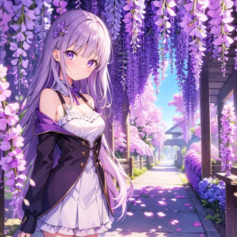  one girl who is at ease, Makisekris, Stein;gate, wisteria flower, Wisteria Tree , Wisteria Background, 8k ,4K , 最 High Quality ,  High Quality ,  Askajean Artist-Inspired Masterpiece :  question,  Art Style  :  question