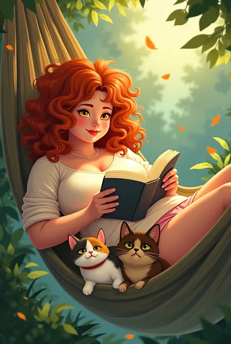 Illustration of fat white woman with short curly red hair with honey eyes reading in a hammock with a three-colored cat and a Siamese cat 
