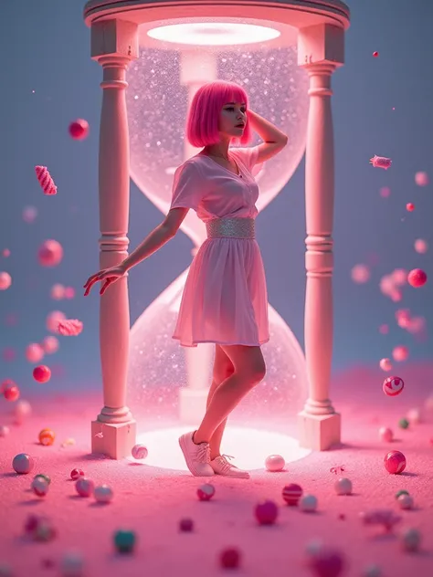 real photograph, 18 years old Jpop girl that has a y2k vibe with pink bob hair and surrounded by candy, pretty face, dancing gracefully inside a massive hourglass filled with glowing pink sand. As the sand flows, it sparkles like stardust, creating a mesme...