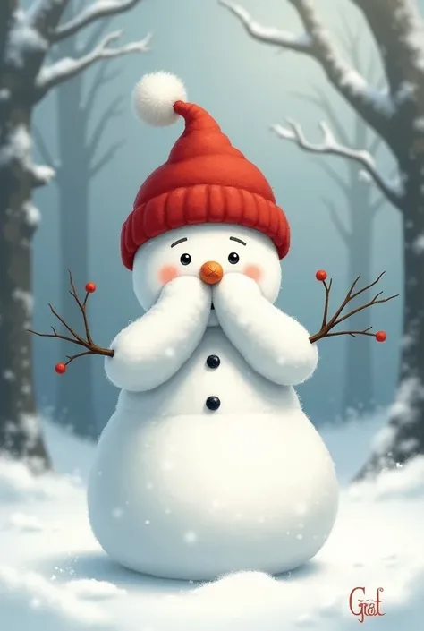 Shy snowman in a red hat with his hands on his face 