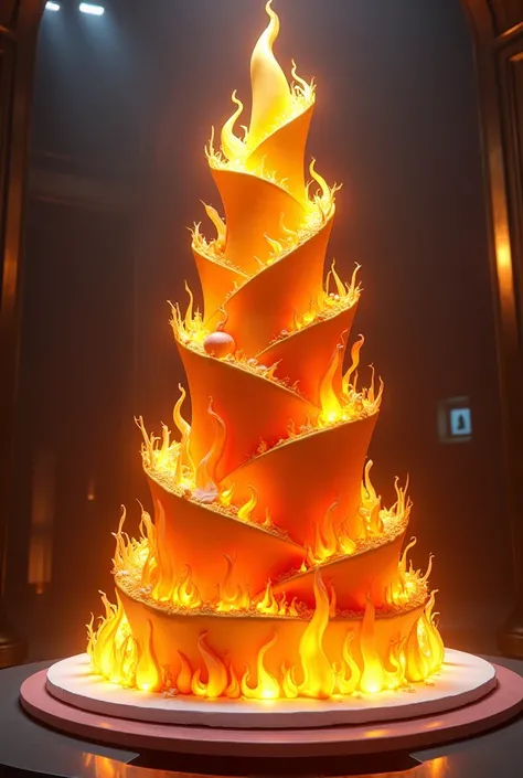 a wedding cake in the shape of the flame from the game Fortnite 