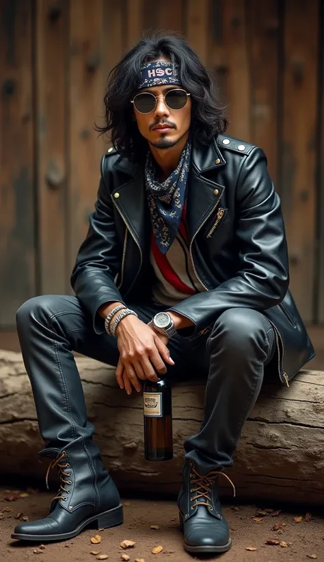 A photo profesional of an Indonesian rock musician from the 1980s with short hair, wearing a leather jacket, a bandana, and unique cowboy boots. He is sitting on a log and holding a bottle. The background is wooden. The musician has long hair, sunglasses, ...