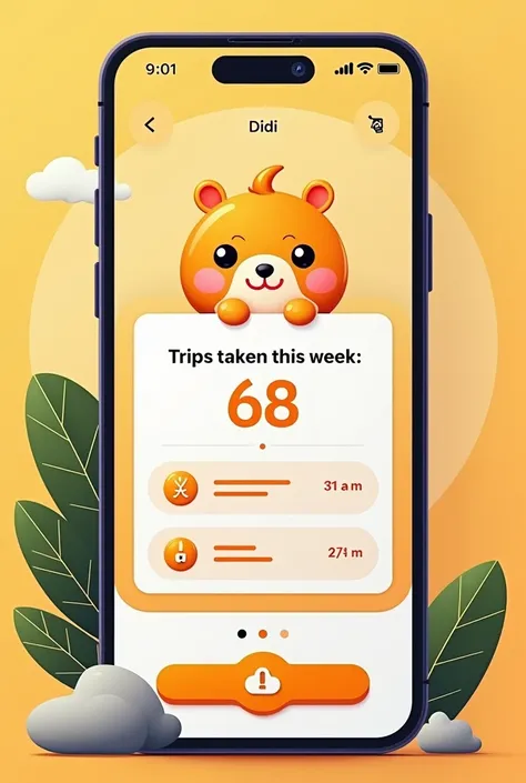 Create me an image of Didi from the Didi driver app that says trips taken this week 68