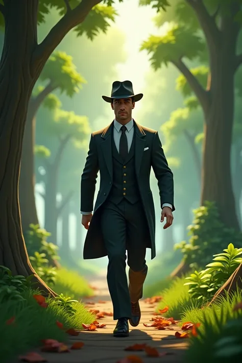 A man walking in the forest  ,  the man is dressed in the style of the 1940-1950s.  . Version fortnite 